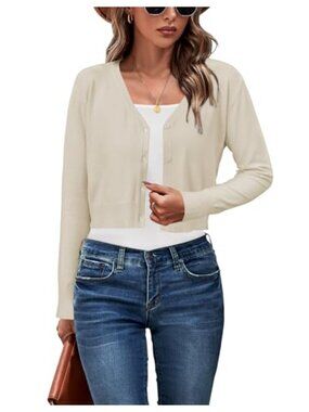 Cropped Cardigan Knit Bolero Shrug Long Sleeve V Neck Button Down Sweater